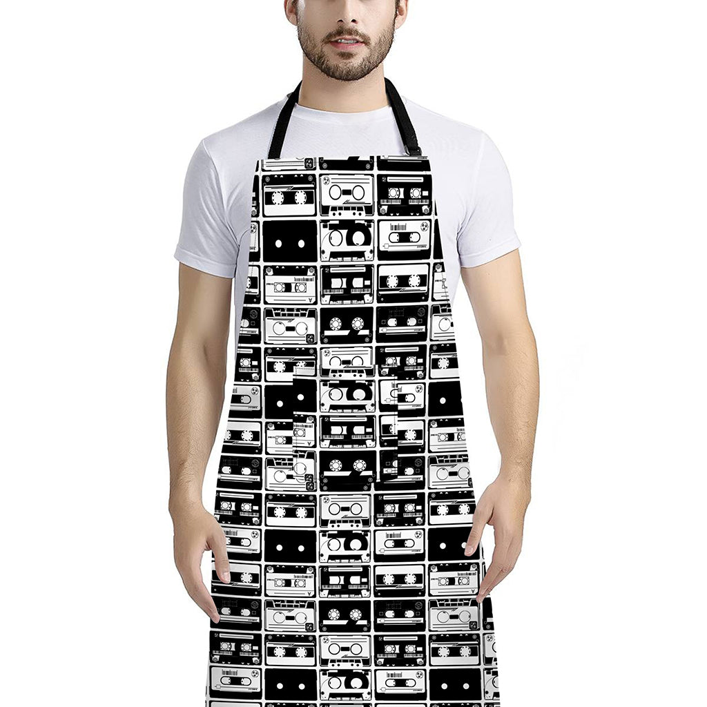 Black And White Cassette Tape Print Bib Apron With Pocket