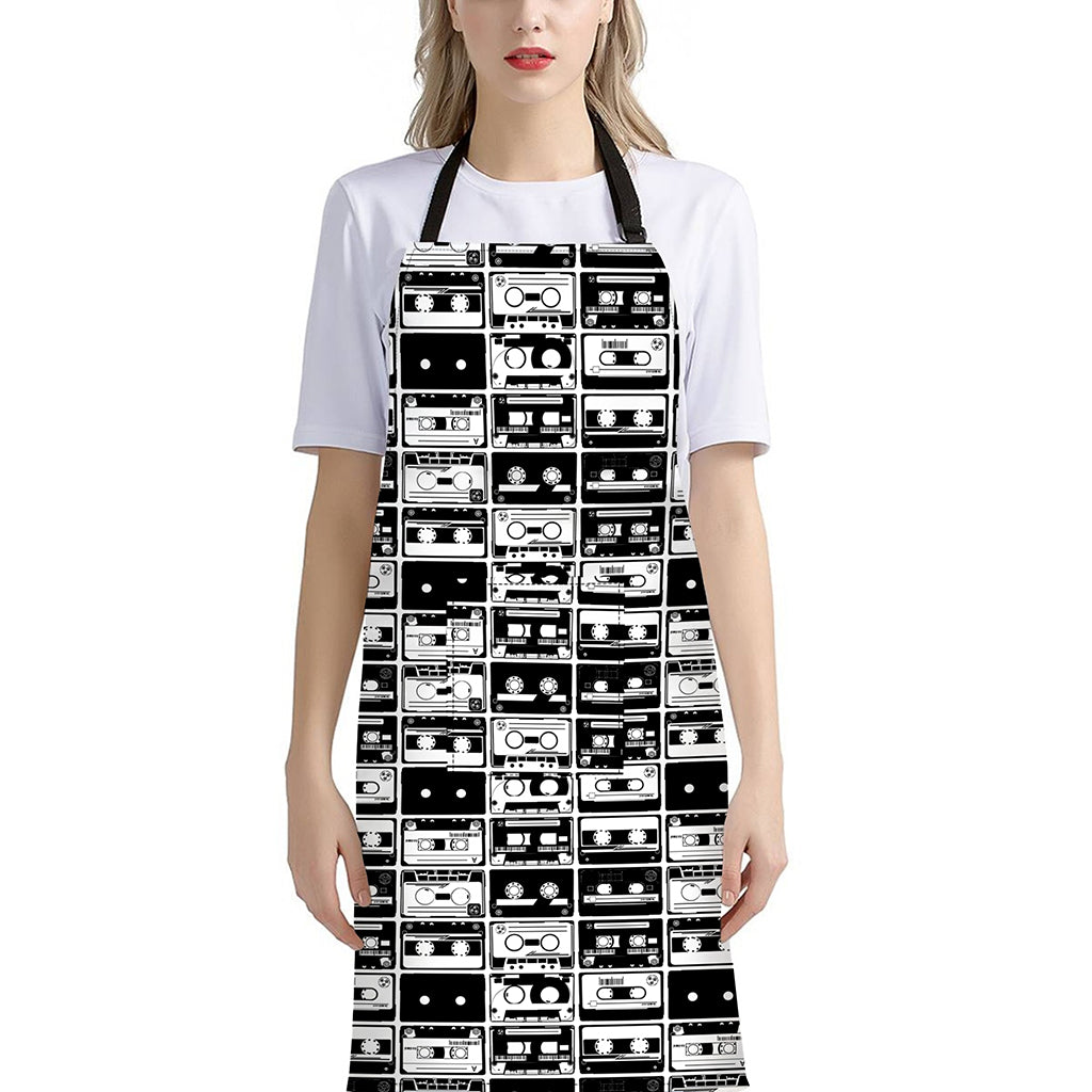 Black And White Cassette Tape Print Bib Apron With Pocket