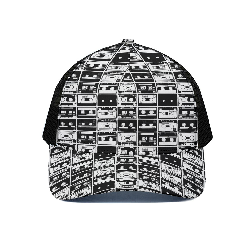 Black And White Cassette Tape Print Black Mesh Trucker Cap