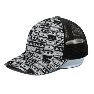 Black And White Cassette Tape Print Black Mesh Trucker Cap