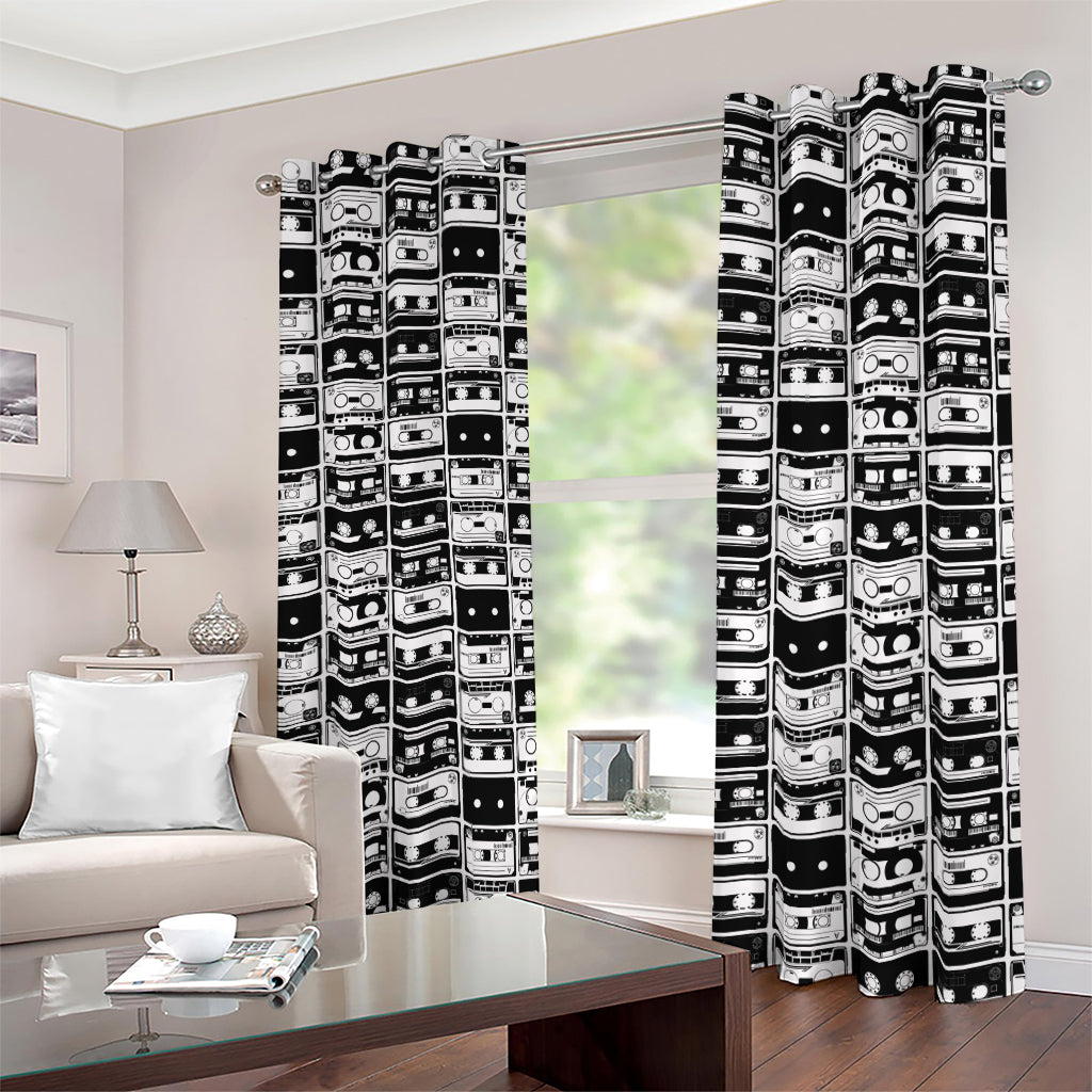 Black And White Cassette Tape Print Blackout Grommet Curtains