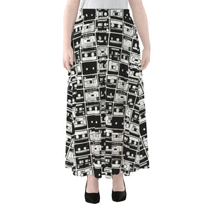 Black And White Cassette Tape Print Chiffon Maxi Skirt