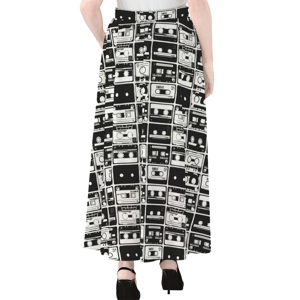 Black And White Cassette Tape Print Chiffon Maxi Skirt