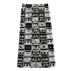 Black And White Cassette Tape Print Cotton Front Slit Maxi Skirt