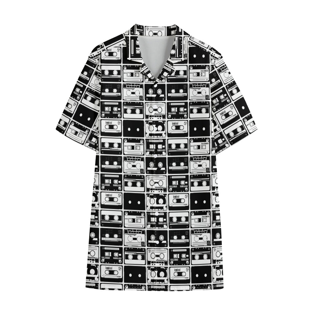 Black And White Cassette Tape Print Cotton Hawaiian Shirt