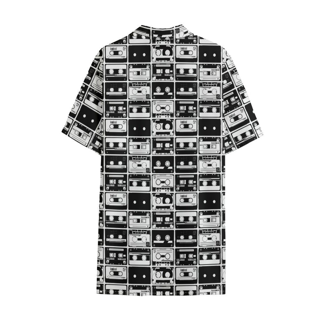 Black And White Cassette Tape Print Cotton Hawaiian Shirt