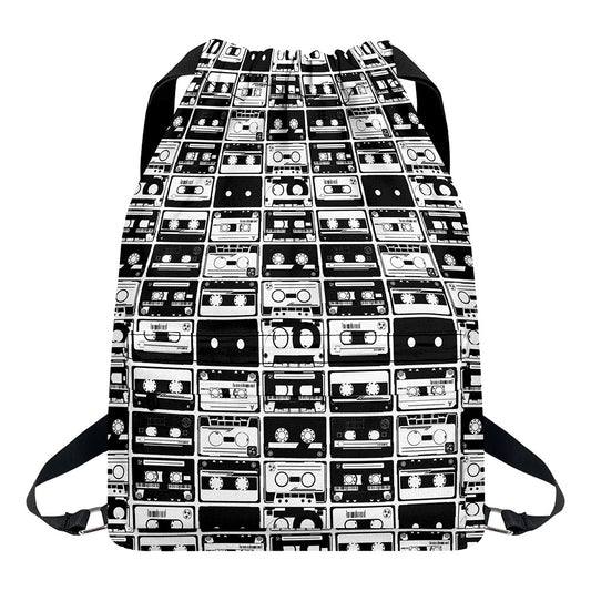 Black And White Cassette Tape Print Drawstring Backpack
