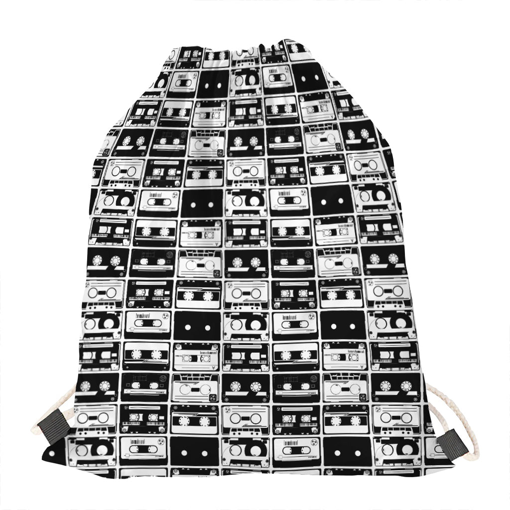 Black And White Cassette Tape Print Drawstring Bag