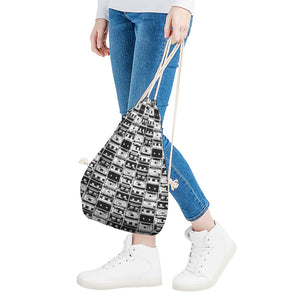 Black And White Cassette Tape Print Drawstring Bag