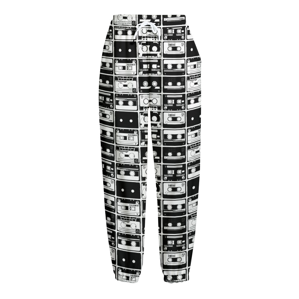 Black And White Cassette Tape Print Fleece Lined Knit Pants