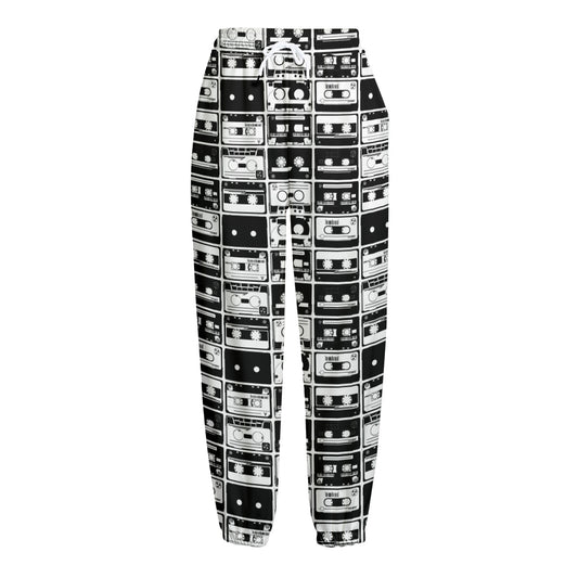 Black And White Cassette Tape Print Fleece Lined Knit Pants