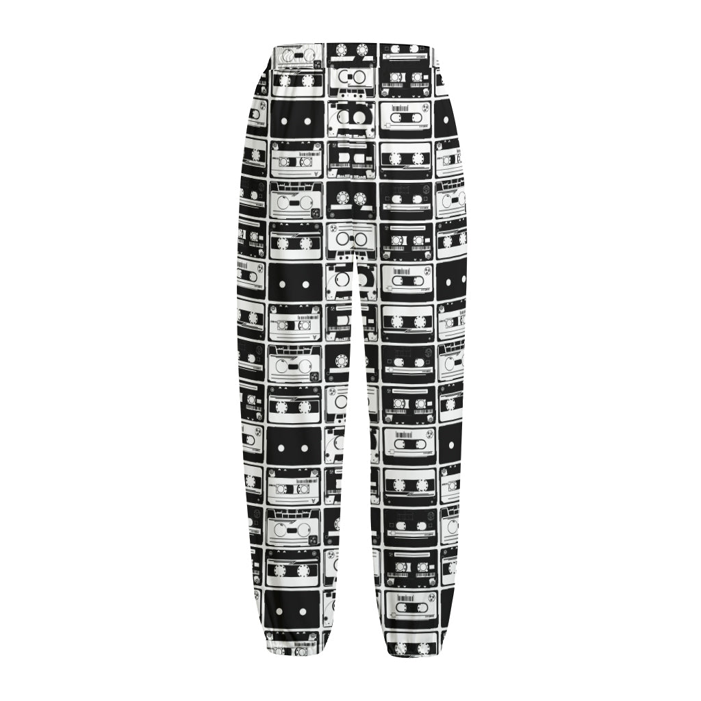 Black And White Cassette Tape Print Fleece Lined Knit Pants