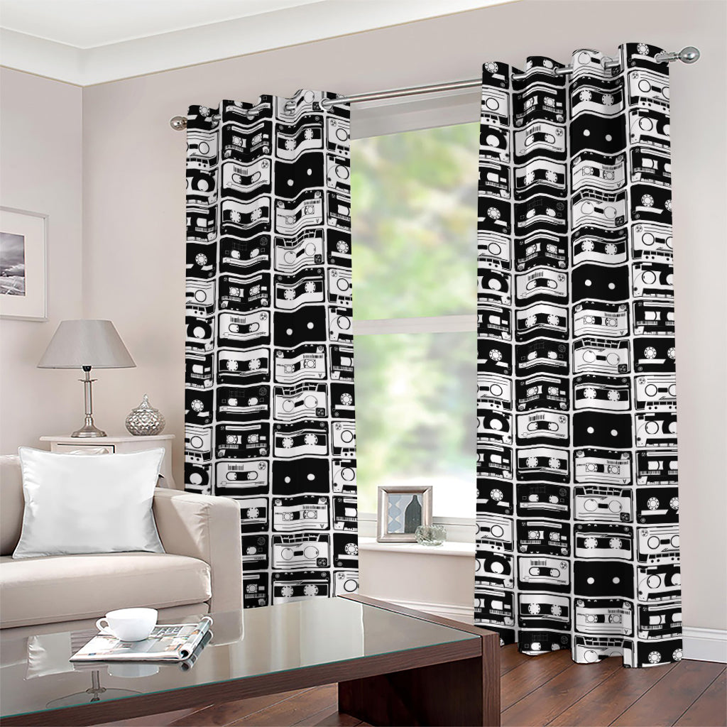 Black And White Cassette Tape Print Grommet Curtains