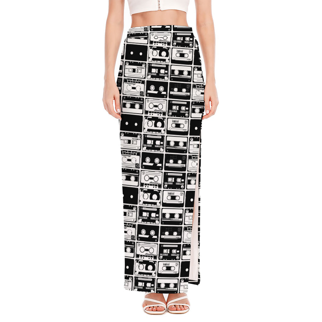 Black And White Cassette Tape Print High Slit Maxi Skirt