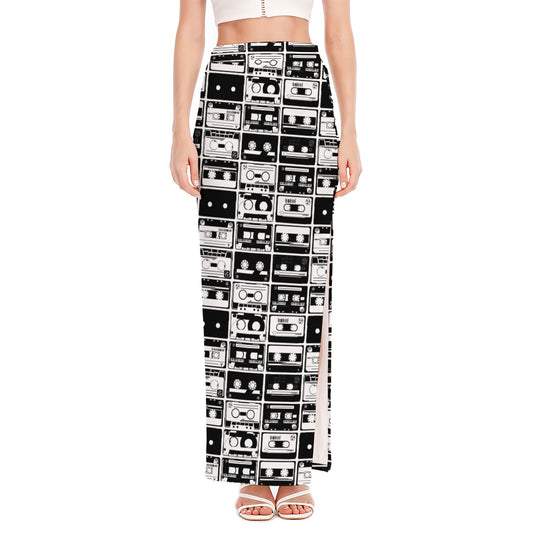 Black And White Cassette Tape Print High Slit Maxi Skirt