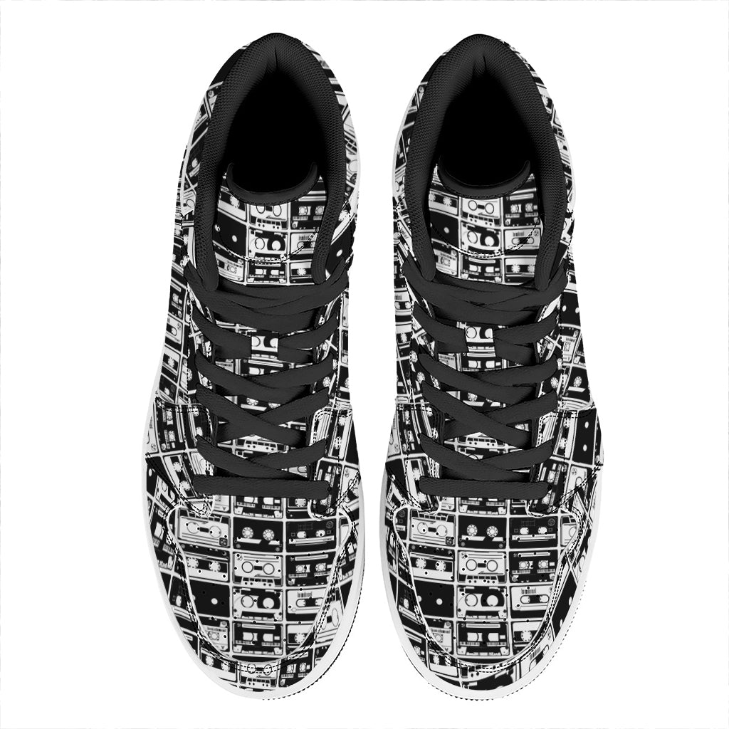 Black And White Cassette Tape Print High Top Leather Sneakers