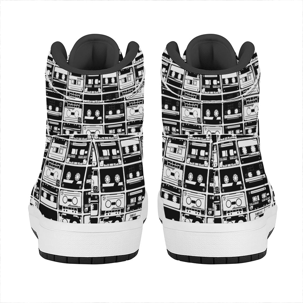 Black And White Cassette Tape Print High Top Leather Sneakers