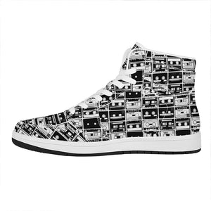 Black And White Cassette Tape Print High Top Leather Sneakers