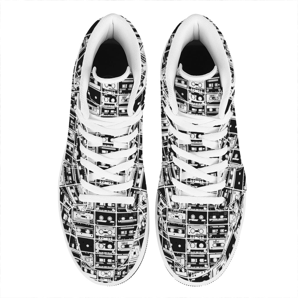 Black And White Cassette Tape Print High Top Leather Sneakers