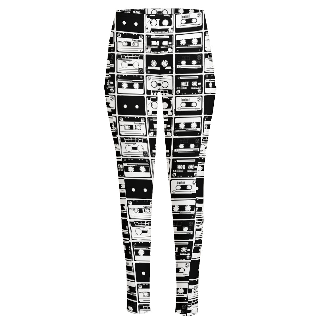 Black And White Cassette Tape Print High-Waisted Pocket Leggings