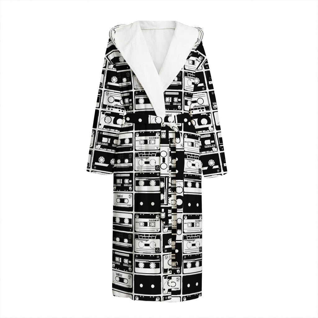 Black And White Cassette Tape Print Hooded Bathrobe