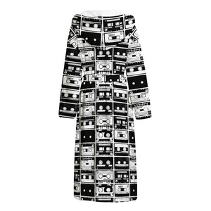 Black And White Cassette Tape Print Hooded Bathrobe