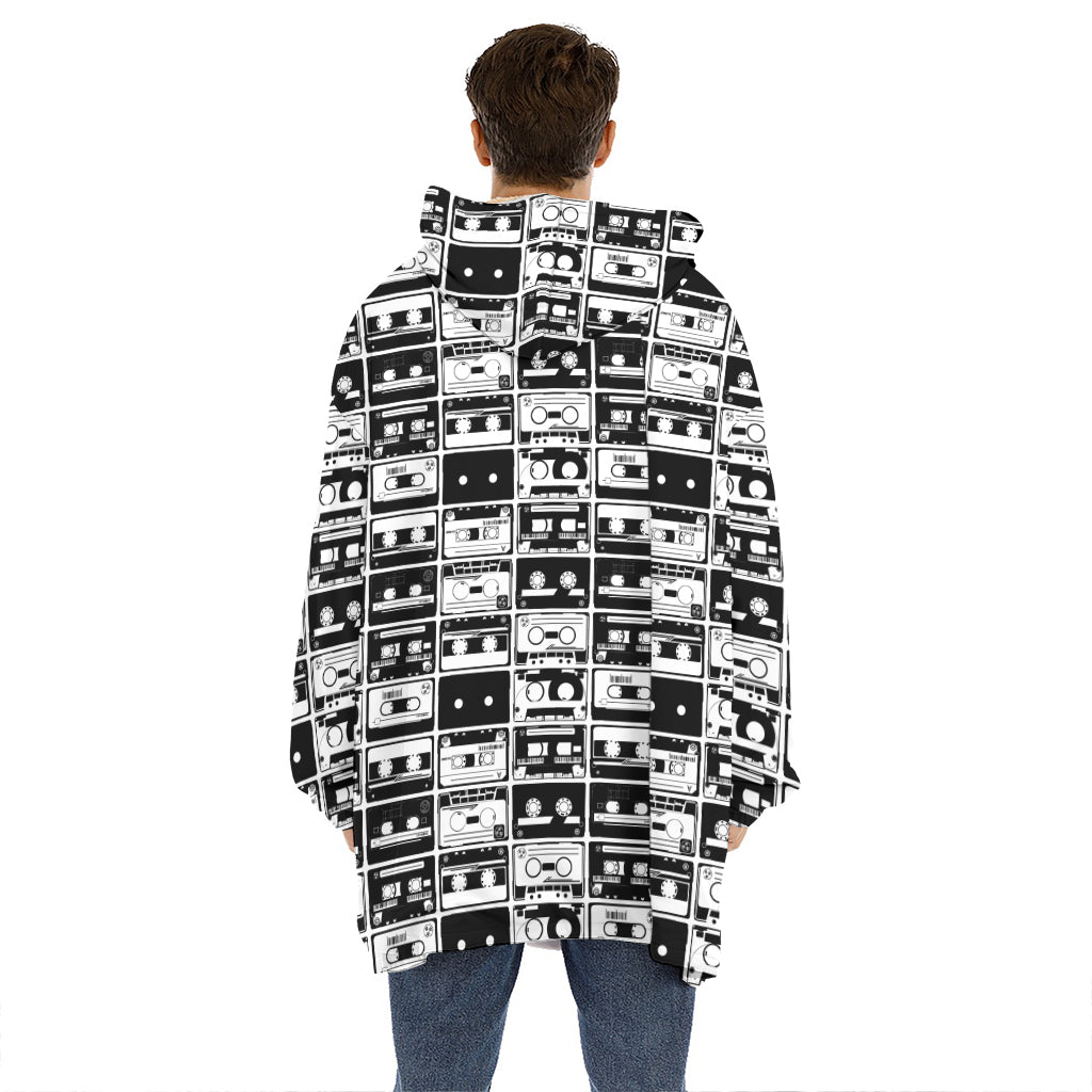 Black And White Cassette Tape Print Hoodie Blanket