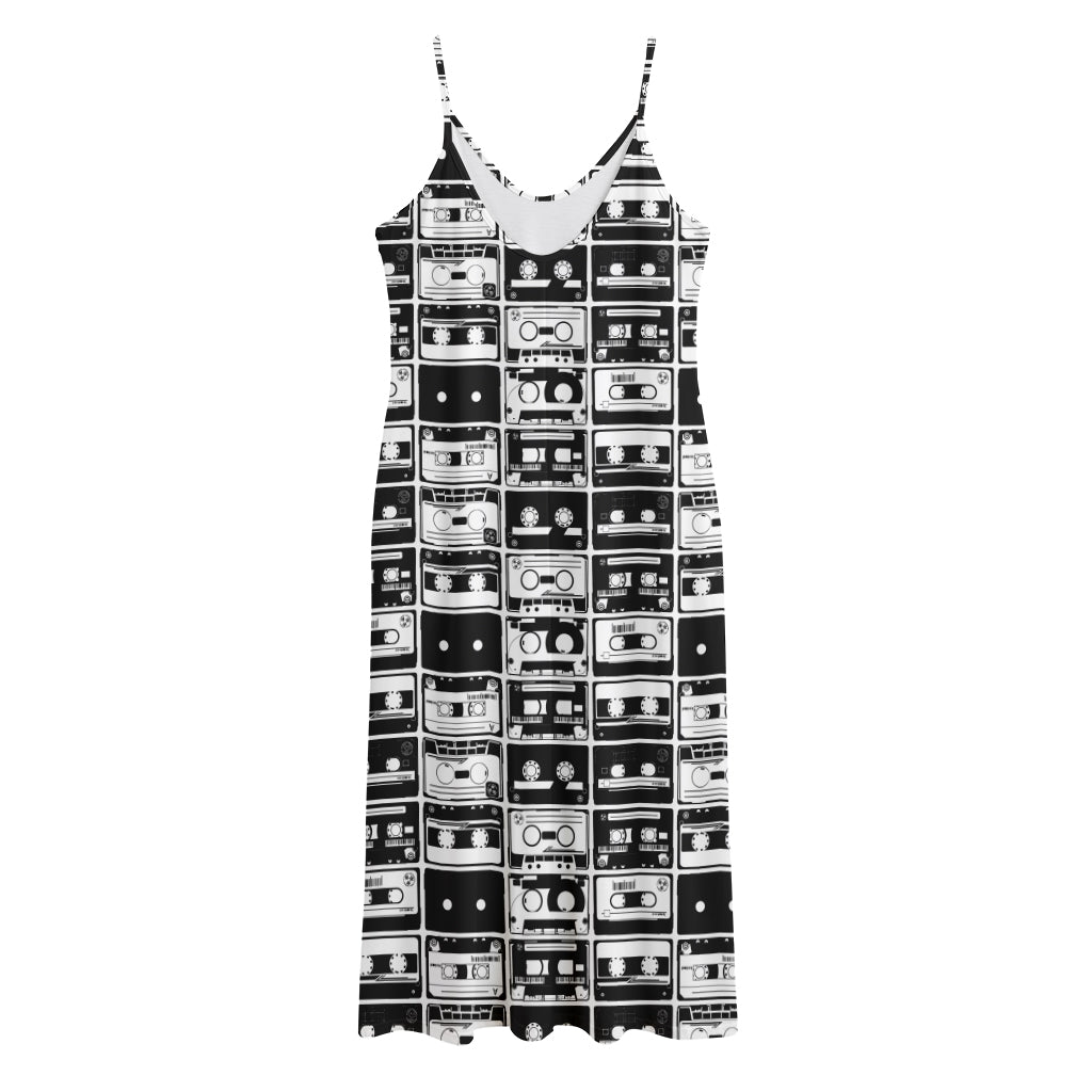 Black And White Cassette Tape Print Jersey Midi Cami Dress
