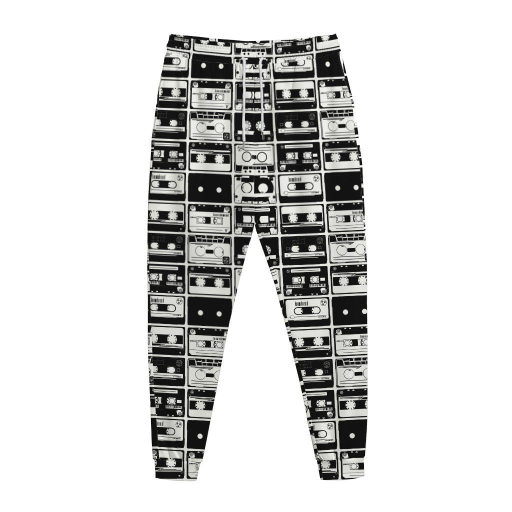 Black And White Cassette Tape Print Jogger Pants