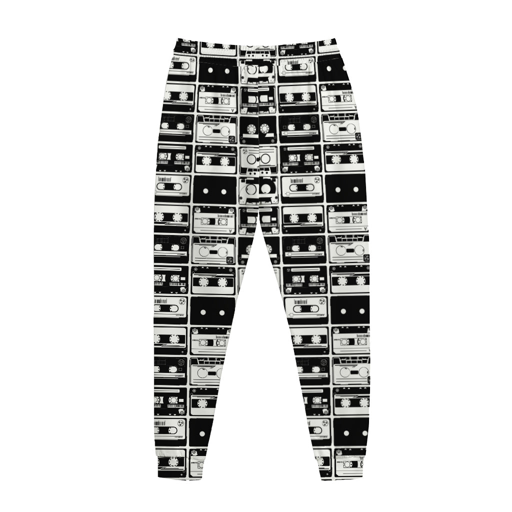 Black And White Cassette Tape Print Jogger Pants