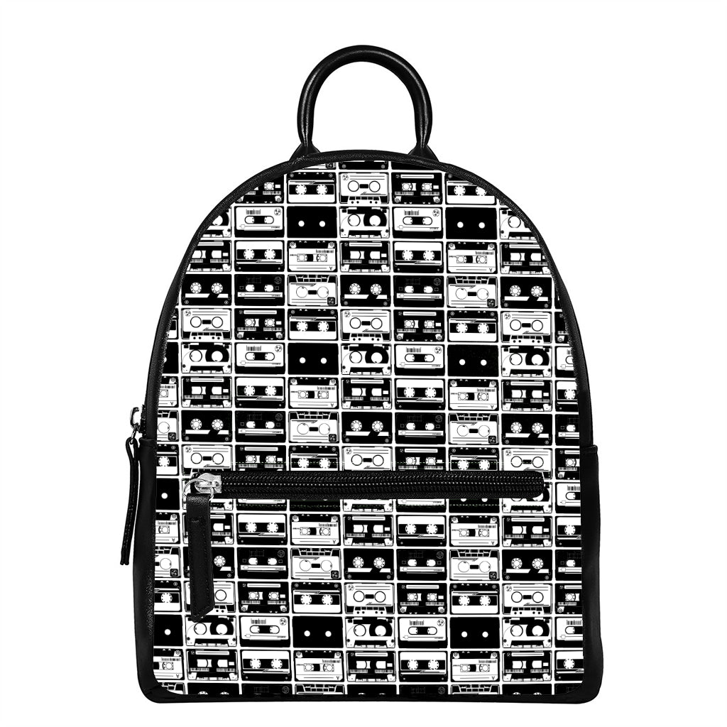 Black And White Cassette Tape Print Leather Backpack