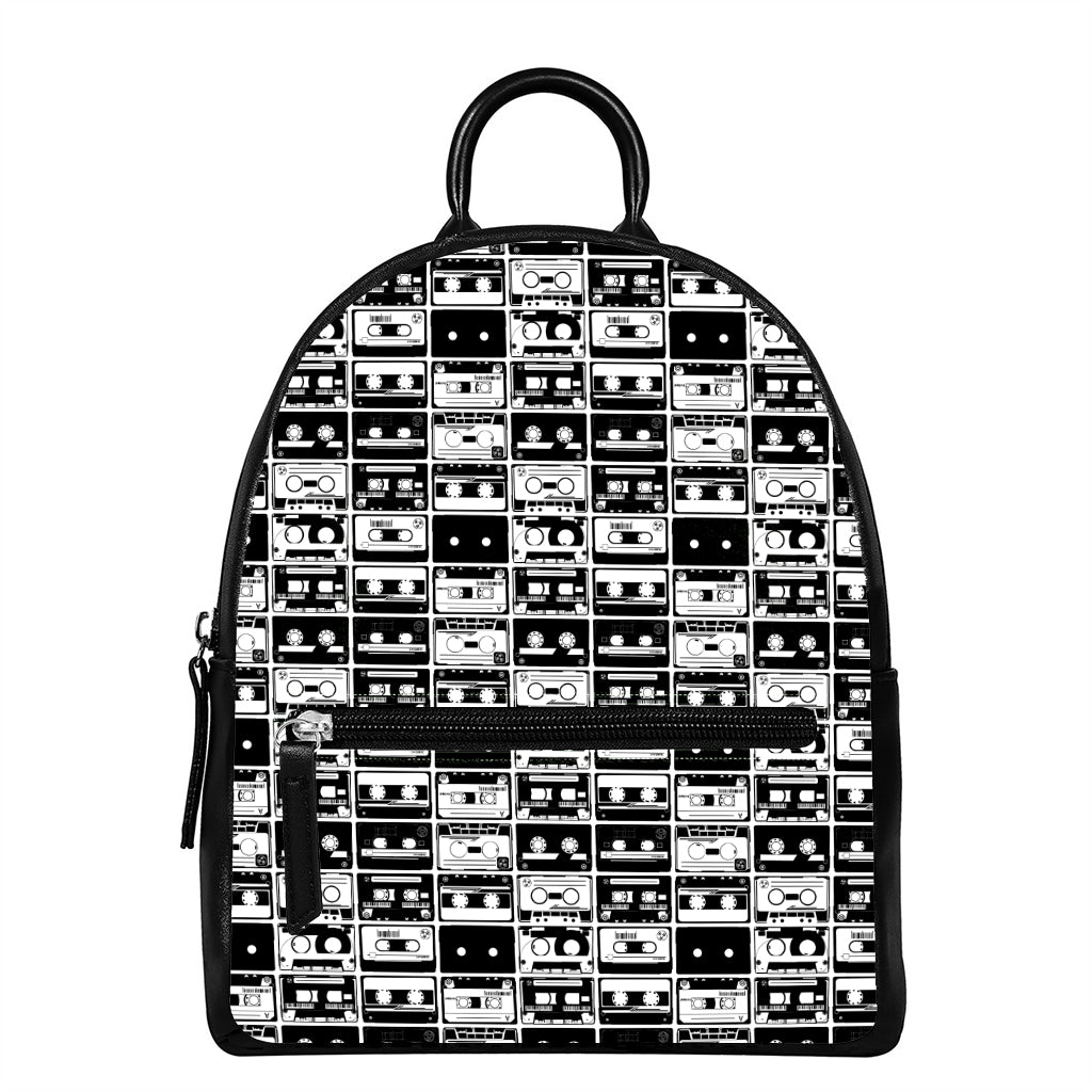 Black And White Cassette Tape Print Leather Backpack