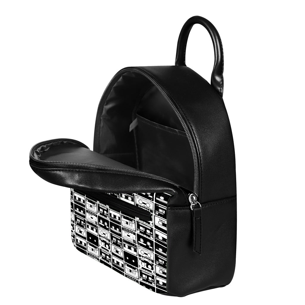 Black And White Cassette Tape Print Leather Backpack