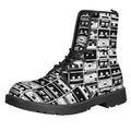 Black And White Cassette Tape Print Lace-Up Boots