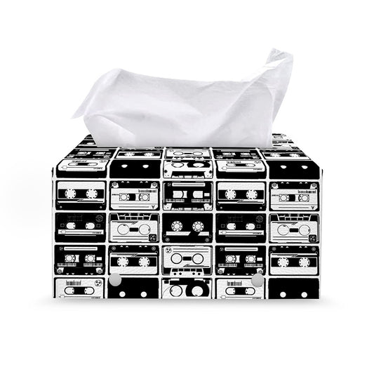 Black And White Cassette Tape Print Leather Tissue Box Cover