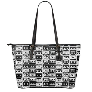 Black And White Cassette Tape Print Leather Tote Bag