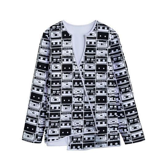 Black And White Cassette Tape Print Long Sleeve Short Coat