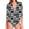 Black And White Cassette Tape Print Long Sleeve Swimsuit