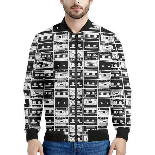 Black And White Cassette Tape Print Men's Bomber Jacket