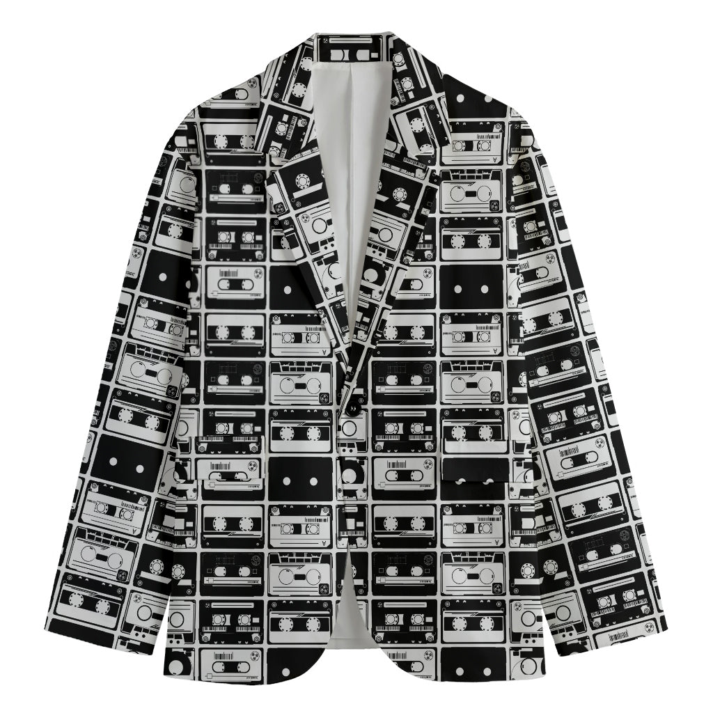 Black And White Cassette Tape Print Men's Cotton Blazer