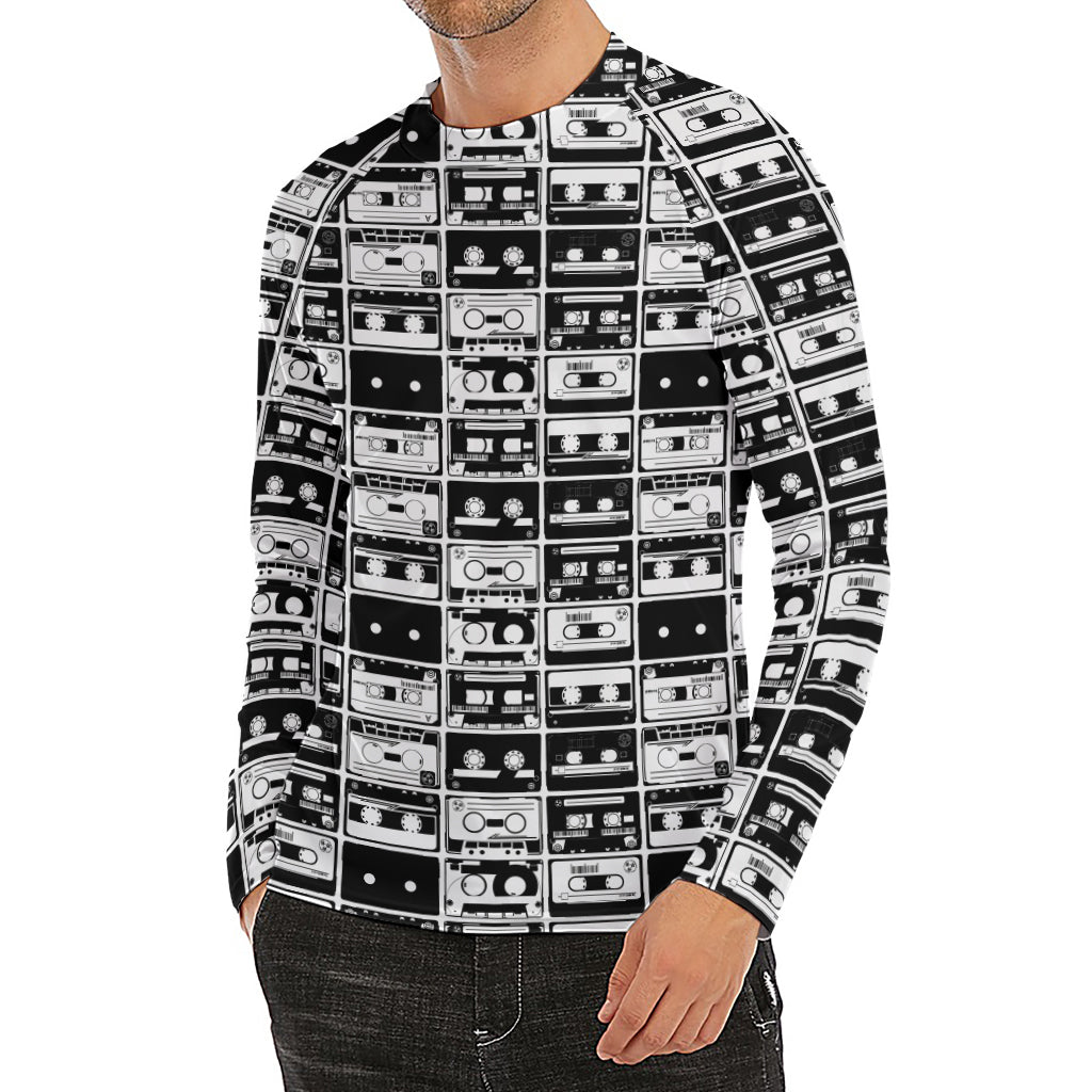 Black And White Cassette Tape Print Men's Long Sleeve Rash Guard