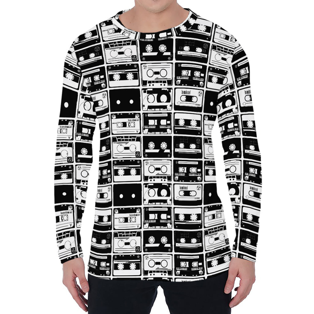 Black And White Cassette Tape Print Men's Long Sleeve T-Shirt