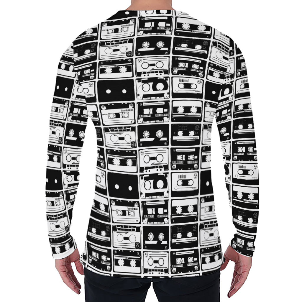 Black And White Cassette Tape Print Men's Long Sleeve T-Shirt