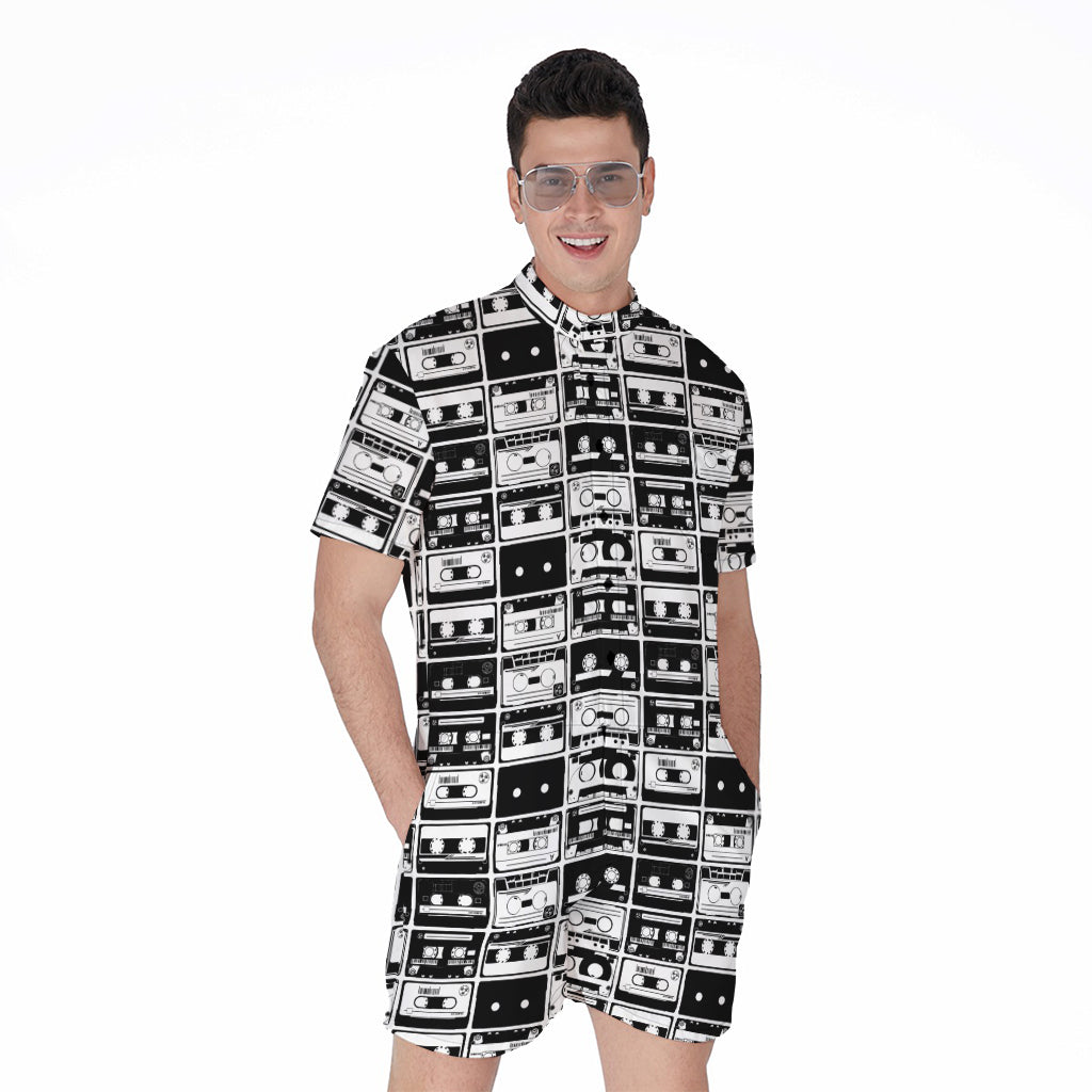 Black And White Cassette Tape Print Men's Rompers