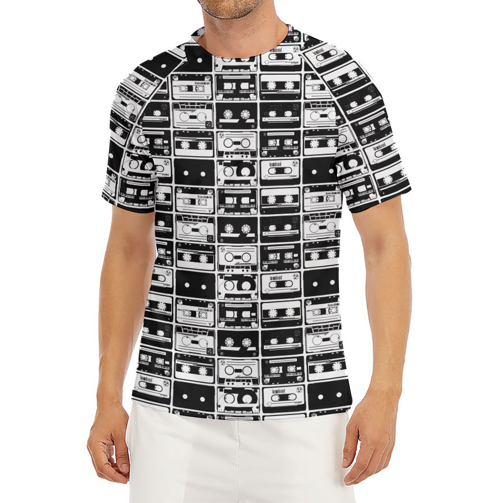 Black And White Cassette Tape Print Men's Short Sleeve Rash Guard