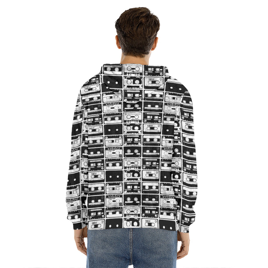 Black And White Cassette Tape Print Men's Velvet Pullover Hoodie