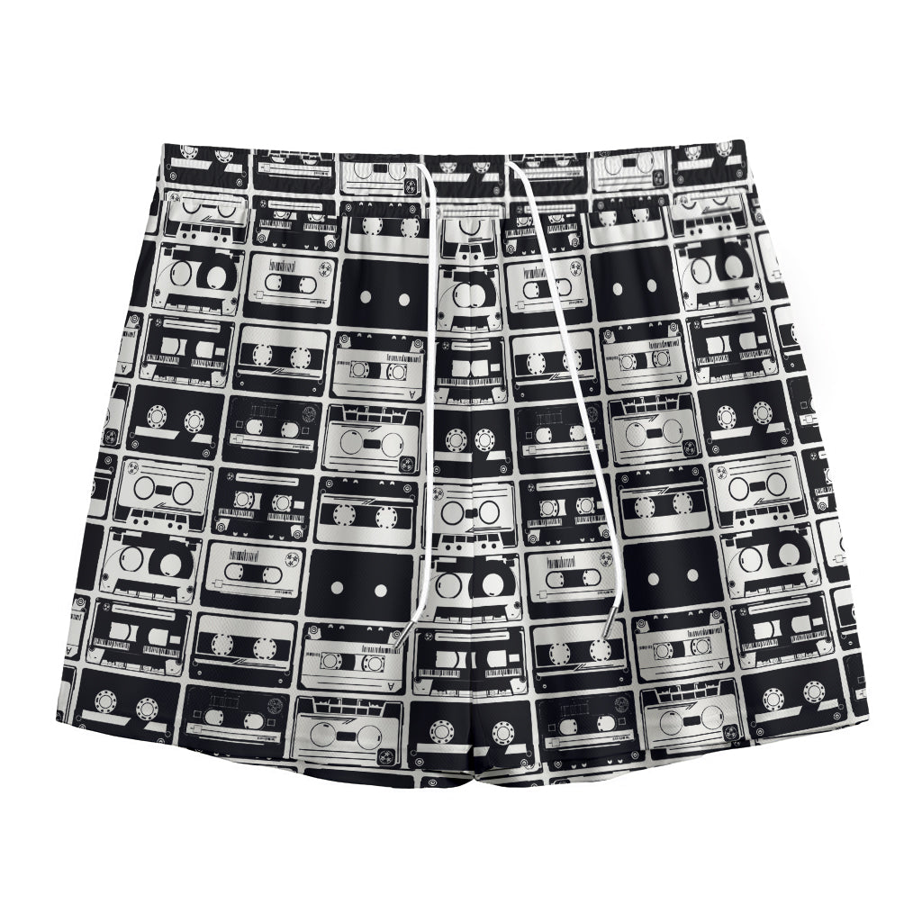 Black And White Cassette Tape Print Mesh Shorts