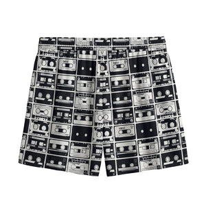 Black And White Cassette Tape Print Mesh Shorts