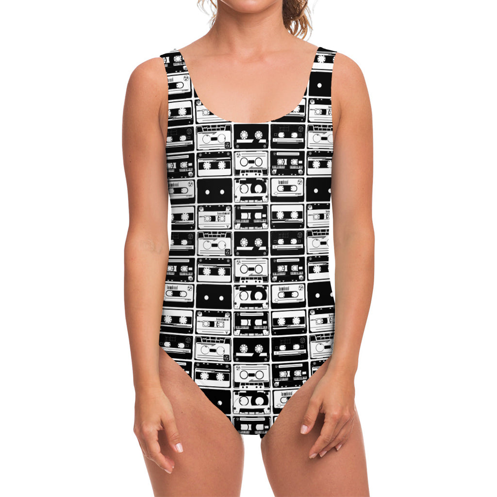 Black And White Cassette Tape Print One Piece Swimsuit