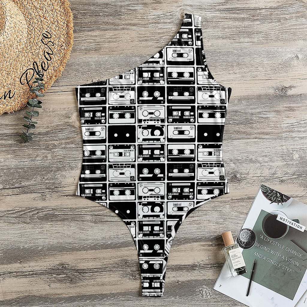 Black And White Cassette Tape Print One Shoulder Bodysuit